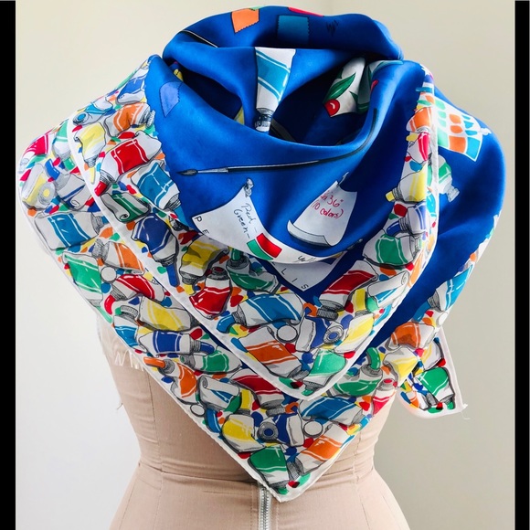 VTG 70’s Perry Ellis silk scarf painter theme print Royal blue & primary colors